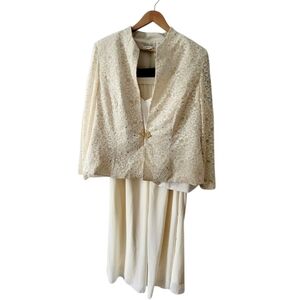 Coldwater Creek Sequined Elegant Cream Lace Jacket and Pants Suit Set 22W Vtg
